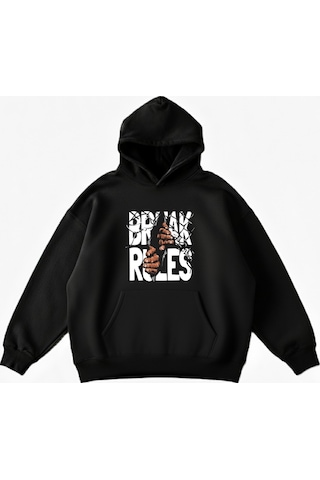 Maki Home Makiteks Siyah Pamuklu Unisex Kanguru Cepli Kapüşonlu Rahat Kesim Break Rules Baskılı Sweatshirt SiYAH