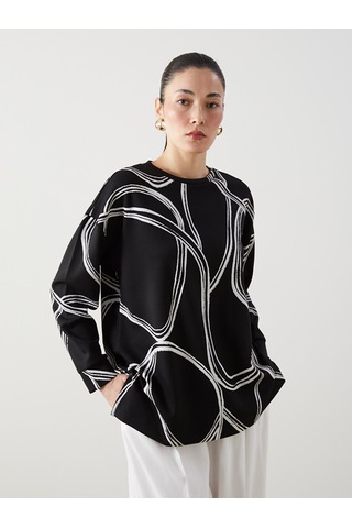 Lcw Everyday Siyah Bisiklet Yaka Desenli Oversize Kadın Sweatshirt