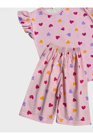 Aliş Kids Kız Çocuk Pamuklu Pembe Kalp Desenli Kolları Fırfırlı Kısa Kollu Şortlu Yazlık Pijama Takımı