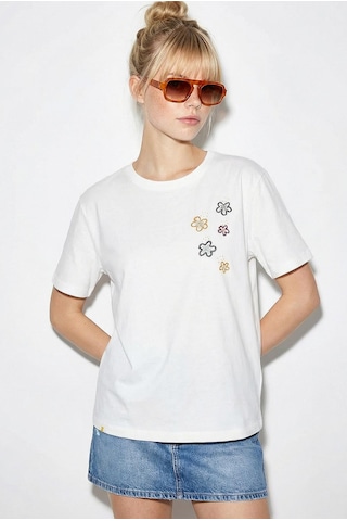 Shade Kadın Pamuk El İşi Çiçek Nakış Detaylı Tasarım T-shirt 1005 60282050 - Beyaz L