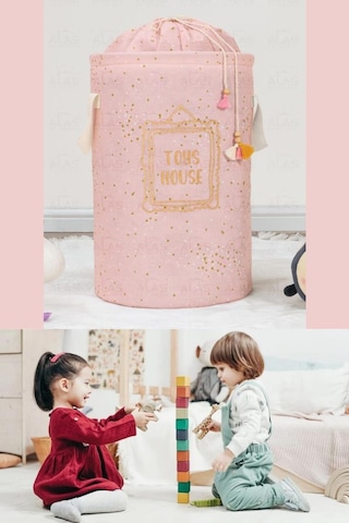 Onikiden Bebek Odası Oyuncak Sepeti, Yuvarlak Torbalı Çocuk Oyuncak & Kirli Çamaşır Sepeti Pembe