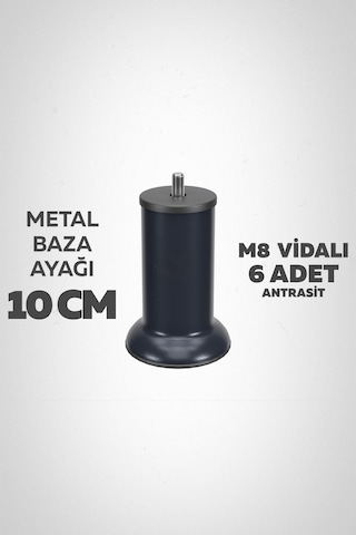 Baza Ayağı 10 Cm M8 Vidalı 6 Lı Set Metal Antrasit Yatak Mobilya Ayağı İnce Vida Antrasit M8 10 Cm