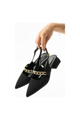 Duxal Shoes Violet Kısa Topuk Zincir Detaylı Klasik Topuklu Ayakkabı - Babet Siyah Kumaş