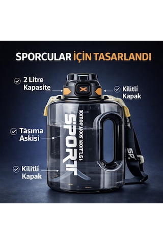 Polham 2 Litre Sporcu Su Matarası Pipetli Açılır Kapak,taşıma Askılı,sızdırmaz Tasarım, Bpa İçermez Siyah