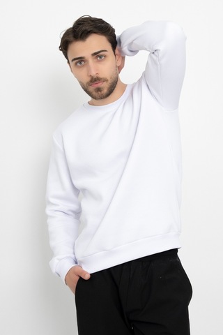 Dasüniforma Basic Baskısız 3 İplik Unisex Cepsiz Düz Sweatshirt Yuvarlak Yaka Sweat Beyaz