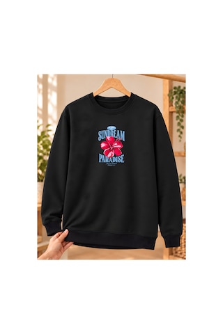 Mor Mürekkep Kadın %100 Pamuk 3 İplik Şardonlu Sundream Paradise Hibiskus Baskılı Bisiklet Yaka Sweatshirt Siyah