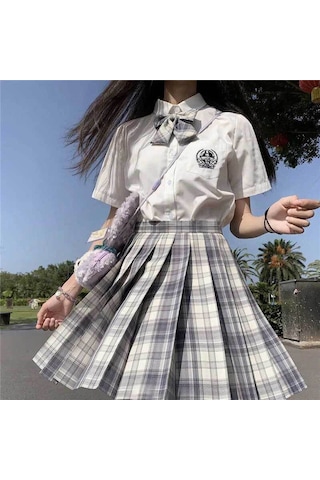 3 Adet Kadın Anime Okul Üniforması Seti Yaz Jk Kısa Gömlek Ceket Etekler Takım Elbise Gri