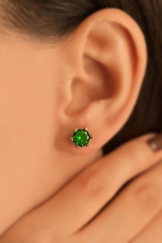 Mayıs Zümrüt Doğum Taşı Rose Tektaş Çivili Gümüş Küpe Gümüş