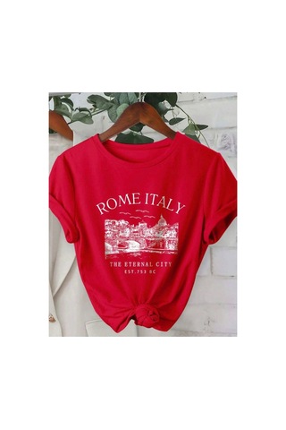 Medinenur Rome Italy Desen Baskılı Basic T-shirt Kırmızı