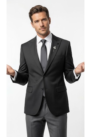 Plus Scorpion Erkek Blazer Ceket Twill Puntolu Kırlangıç Yaka 2 Düğmeli Çift Yırtmaçlı Slim Fit Siyah