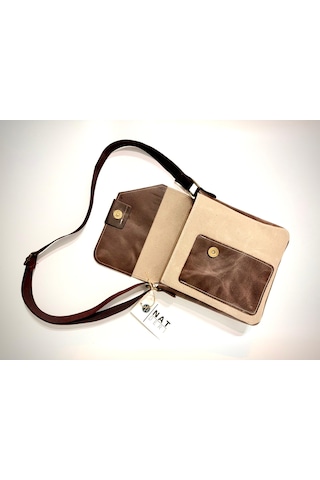 Natderi Hakiki Deri Ve Kanvas Omuz Çantası 20x21 Cm Ayarlanabilir Askılı, Ön Cepli Unisex Günlük Çanta Açık Bej - Acı Kahve