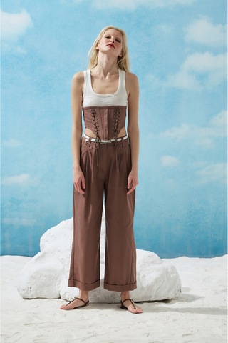 Sagaza Studio Ss6153 Kemerli Cep Detaylı Bol Pantolon Kahve