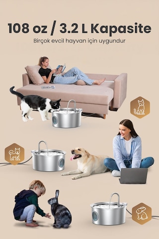 3.2 L Tekli Paslanmaz Çelik Kedi Köpek İçin Otomatik Su Pınarı Su Çeşmesi Su Sebili Sessiz Pompalı