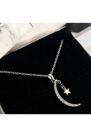 Ay Yıldızlı Kolye Kadın Kolye Zirkon Taşlı 45cm Silver