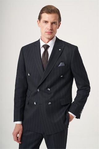 İmza Lacivert-gri Kırlangıç Yaka Çizgili Kruvaze 6 Drop Slim Fit Tam Astar Esnek Takım Elbise 1001260286 Lacivert - Gri