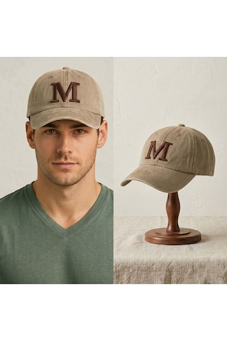 Bk Gift Kişiye Özel Harf Nakışlı Vintage Kahverengi Beyzbol Şapkası Unisex Eskitme Kumaş Metal Tokalı