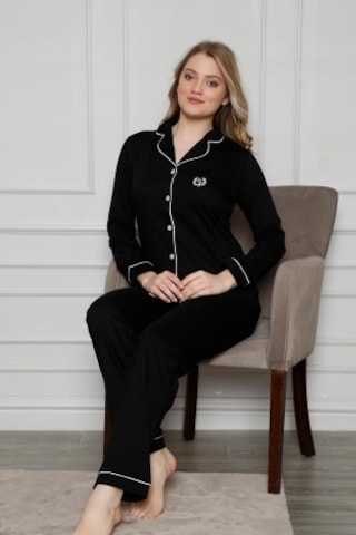 Kadın Alimer Beyaz Biyeli Gömlek Yaka Önden Düğmeli Cepli Uzun Kollu Mevsimlik Pamuk Likra Pijama Takım Siyah