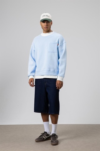 Vamos Bisiklet Yaka Cep Detaylı Oversize Sweatshirt Bebek Mavisi