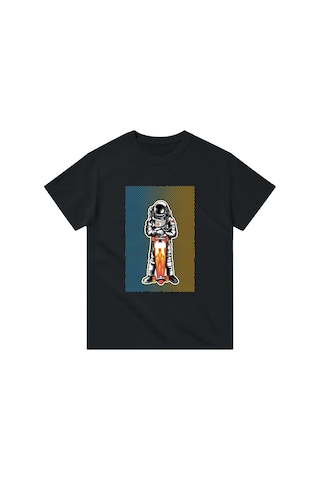 Paybuy Erkek Astronot Kaykay Baskılı Tişört %100 Pamuk Rahat Kesim Kalın Siyah