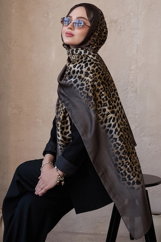 Miorel Scarfs Leopar Desen Vual İpek Şal Fular Silk Scarfs Shawl Hijab Kahve Kenar