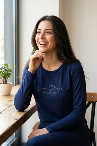 Mataş Kadın Desenli Bambu Viskon Uzun Kollu Soft Örme Mevsimlik Yumuşak Pijama Takımı Lacivert
