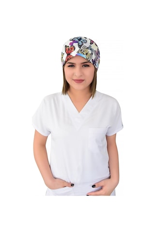 Unisex Mor Kelebekli Doktor Hemşire Cerrahi Hastane Aşçı Bonesi Beyaz Beyaz