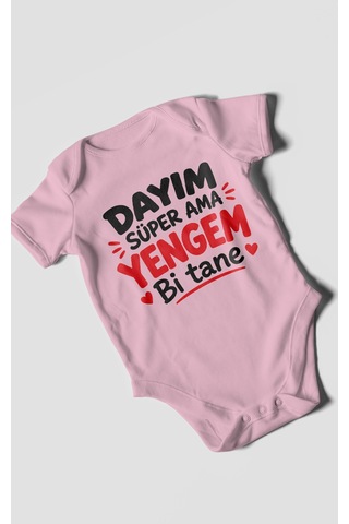 Morivokids Dayım Süper Ama Yengem Bi Tane Kısa Kollu Bebek Body %100 Pamuk Koyu Pembe