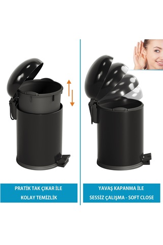 Aqua Bagno Smile Klozet Fırçası + Çöp Kovası 5 Lt -2 Parça Set, Mat Siyah