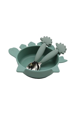 Jianfan Karikatür Mama Kasesi Seti Bebek Silikon Kaşık Çatal Paslanmaz Çelik Yeşil Yeşil