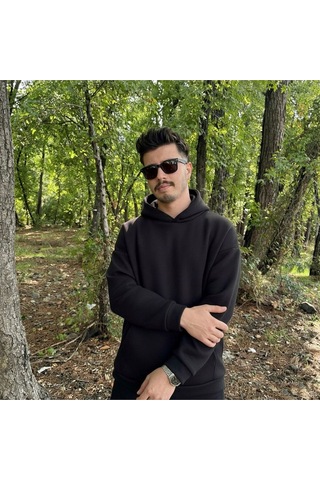 Erkek 3 İplik Basic Oversize Geniş Kesim Kanguru Cepli Kapüşonlu Sweatshirt SIYAH