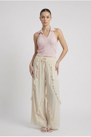 Neden Tekstil Kadın Polo Yaka Sırt Dekolteli Crop Bluz - Pembe