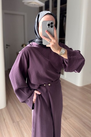 Ka Hijab Kruvaze Pantolonlu Salaş Takım - Mürdüm Bordo