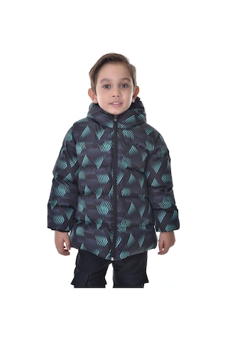 Erkek Çocuk Siyah Yeşil Dijital Desen İçi Polar Su Ve Rüzgar Geçirmez Kapüşonlu Şişme Kışlık Mont Siyah - Yeşil
