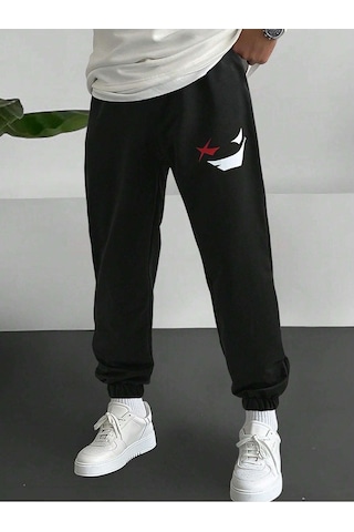 Sinsi Yüz Eşofman Altı Jogger - Siyah Baskılı Lastik Paça Yüksel Bel Siyah