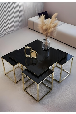 4+1 Kare Orta Zigon Sehpa Gold Kaplama Siyah Temperli Cam