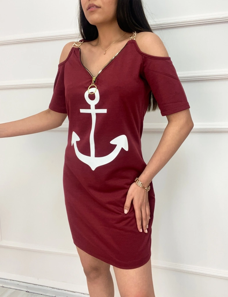 S-pazarım Fermuar Detay Çıpa Baskılı Zincir Askılı Iki Iplik Elbise - Bordo Bordo