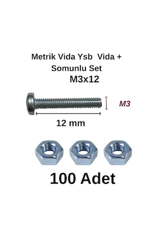 Tuğra Hırdavat M3x12mm Metrik Vida Ysb - Somunlu 100'lü Takım 0-0
