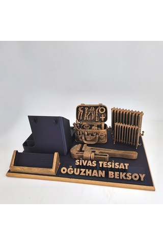 Kişiye Özel Sıhhı Tesisatçı Masa İsimliği Ve Kartvizitlik Gold - Siyah