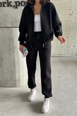 Dip Moda Kadın Fermuarlı Alt Üst Eşofman Takımı Dpnbg028 Siyah