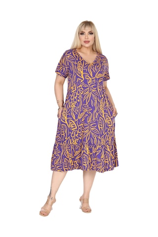 Melsay Butik Göğüsten Robalı V Yaka Kısa Kollu Mor Yaprak Desen Cepli Elbise Mor
