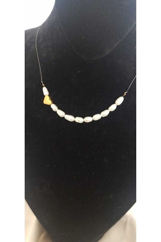 24k Altın Kaplama Hayalet İp Gerçek İnci Kalp Detaylı Kolye Beyaz Çok Renkli