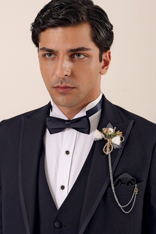 İmza Desenli Çıkarılabilir Kırlangıç Yaka Tam Astar Yelekli 6 Drop Slim Fit Dar Kesim Smokin Damatlık 1001225203-Koyu Lacivert