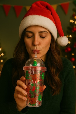 Desenli Süslemeli Renkli Pipetli Kupa Bardak Sevimli Geyikli Kar Tanesi Noel Ağacı Suluk 450ml 2768c Çok Renkli