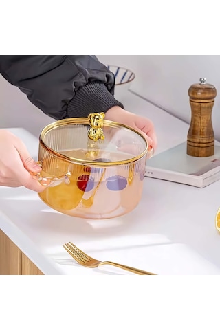 Qerhome Borosilikat Cam Ayıcıklı Teddy Tencere 1700 Ml Amber Amber