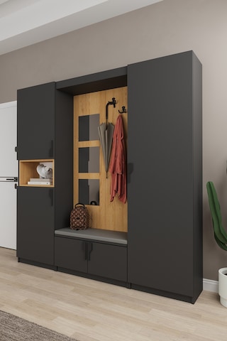 Lüks Aynalı Portmanto Askılı Vestiyer %100 Mdf Çok Raflı Ayakkabılık V05 Koyu Gri - Karina