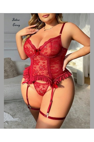 Intive Curvy Bordo Tül Fırfır Detaylı Büyük Beden Bacak Aksesuarlı Jartiyer Takım Bordo