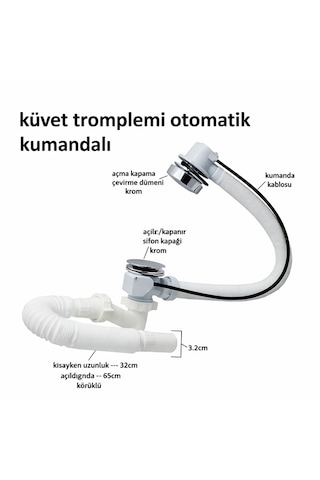Ayrıntıshop Küvet Tromplemi Kumandalı Otomatik Küvet Jakuzi Sifonu Stoplu 1 Adet