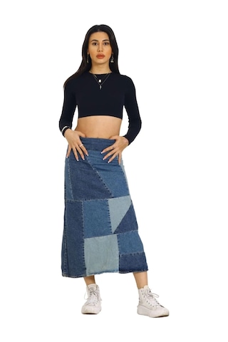 Vexor Mavi Patchwork Desenli Denim Kot Etek