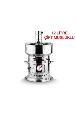 12 Litre Paslanmaz Metal Odunlu Kömürlü Çay Semaveri Büyük Çift Musluklu Odunlu Kömürlü Semaver 12 L