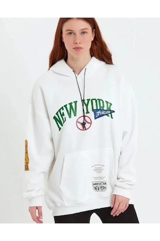 Suma Beyaz Baskılı Kapüşonlu Sweatshirt Xl Beden